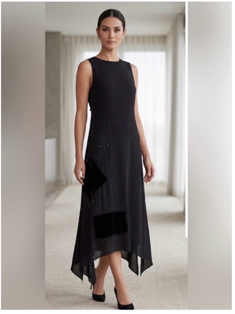 J.Jill Beaded Dress sz 2P Asymmetrical Hem Beads Velvet Accents & Trim